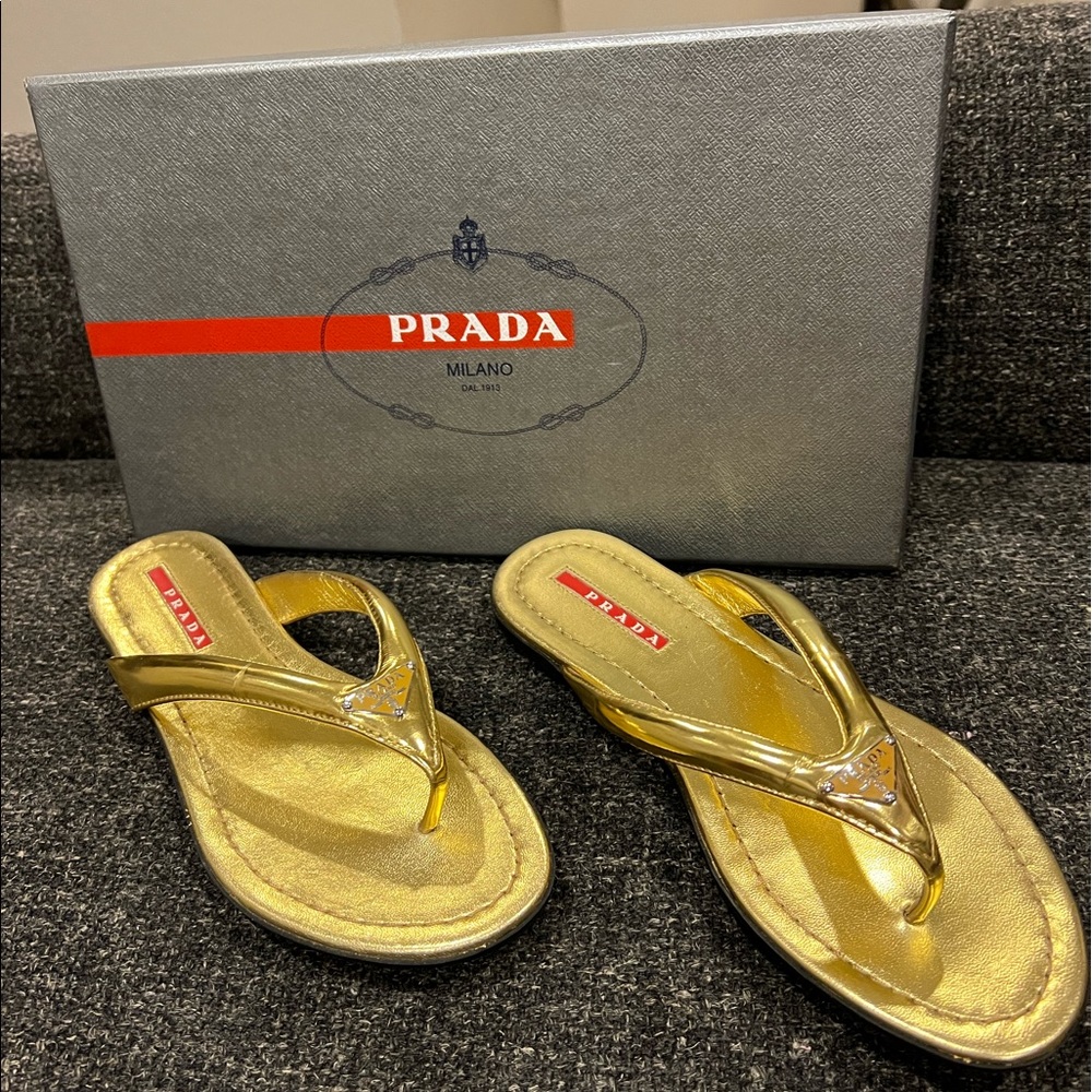 Prada Gold Flip Flops